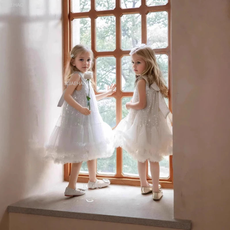 Nuevo vestido de fiesta para niñas, vestido de princesa de tul sin mangas con cuello Peter Pan para actuaciones de Piano, banquete, desfile Formal