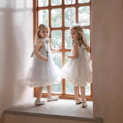 Nuevo vestido de fiesta para niñas, vestido de princesa de tul sin mangas con cuello Peter Pan para actuaciones de Piano, banquete, desfile Formal