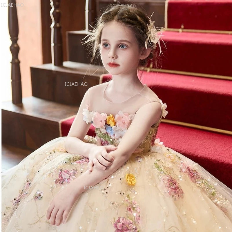 Vestido de fiesta de estilo francés para niñas con flores para el pequeño presentador Piano Recital flor niña boda niños vestido de desfile vestidos