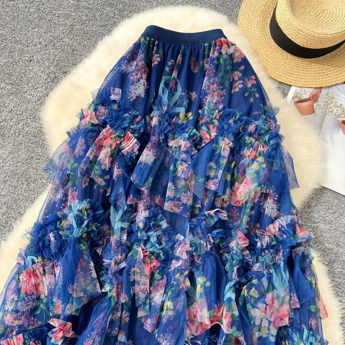 Falda Midi de Malla con Estampado Floral de Cintura Alta Estilo Coreano para Mujer, Falda Hada Abullonada de Fibra de Poliést...