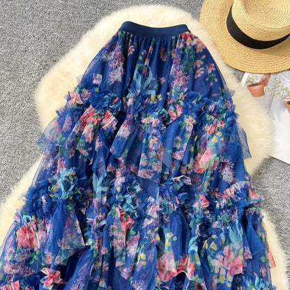 Falda Midi de Malla con Estampado Floral de Cintura Alta Estilo Coreano para Mujer, Falda Hada Abullonada de Fibra de Poliést...