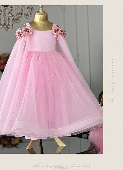Vestido de boda para niños, vestidos de boda rosas con flores para niñas, ropa para niños, actuación de Piano, presentador, vestido de fiesta de cumpleaños de princesa, disfraz