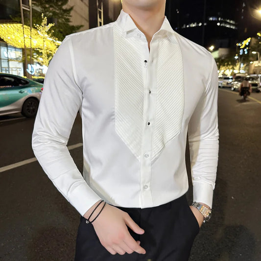 Vestido de Caballero de banquete para hombre, camisa de cuello francés de manga larga, informal, plisado de órgano de negocios, ropa de otoño, 2023