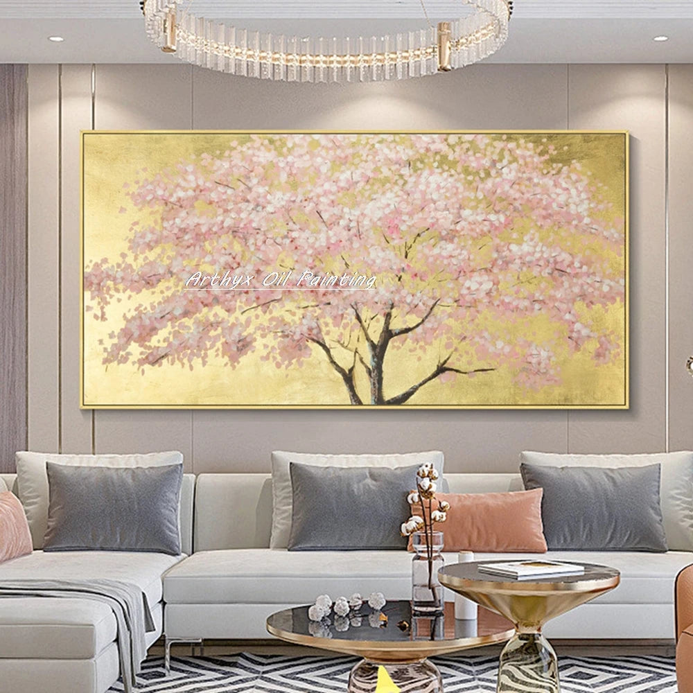 Arthyx-Pintura al óleo de flores doradas pintada a mano sobre lienzo, póster de árbol de arte abstracto moderno, cuadros grandes para pared, decoración del hogar para sala de estar + paquete Switch In Art completo