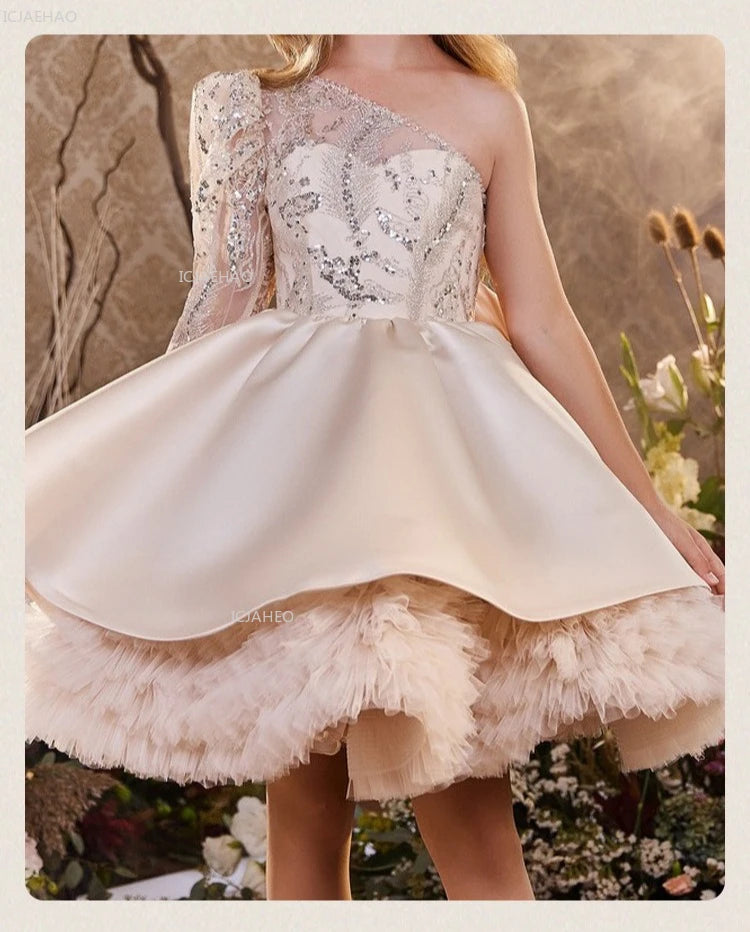2026 nuevo vestido para niños vestido de princesa con lentejuelas un hombro falda acampanada con lazo Patchwork niños niñas traje Formal de celebración de fiesta