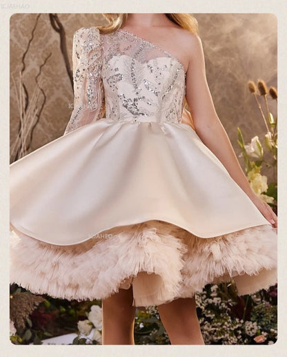 2026 nuevo vestido para niños vestido de princesa con lentejuelas un hombro falda acampanada con lazo Patchwork niños niñas traje Formal de celebración de fiesta