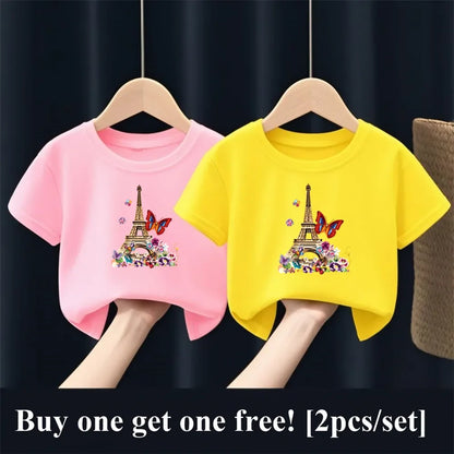 2 unids/pack niñas París Torre Eiffel mariposa estampado gráfico camiseta niños manga corta hermana traje a juego amigo fiesta Tops
