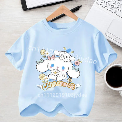 Camiseta de Manga Corta para Niños, Estilo Urbano, Verano 2026, Ropa Casual, Regalo Kawaii, Linda Camiseta de Cinnamoroll para Niña, Camiseta de Algodón con Estampado de Anime