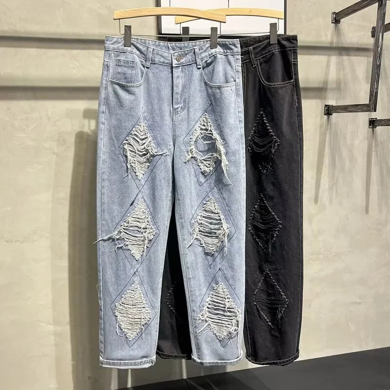 Pantalones Vaqueros Anchos Rotos de Moda Urbana para Hombre, Estilo Americano Casual Retro, Pierna Recta, Denim, Hip Hop, Desgastados, Y2K