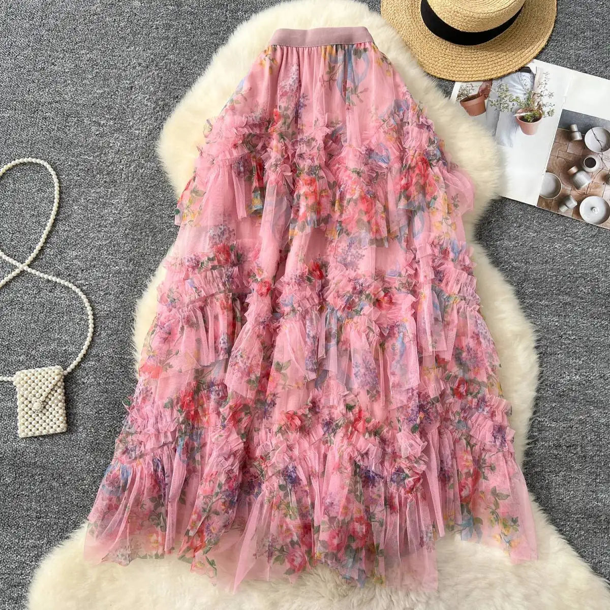 Falda Midi de Malla con Estampado Floral de Cintura Alta Estilo Coreano para Mujer, Falda Hada Abullonada de Fibra de Poliést...