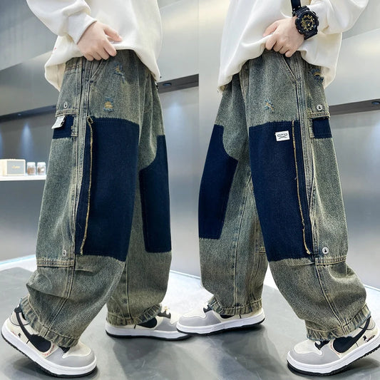Alta moda niños ropa de calle Retro Patchwork pantalones vaqueros y2k Jeans para adolescente Casual pantalones vaqueros holgados 5 a 14 años