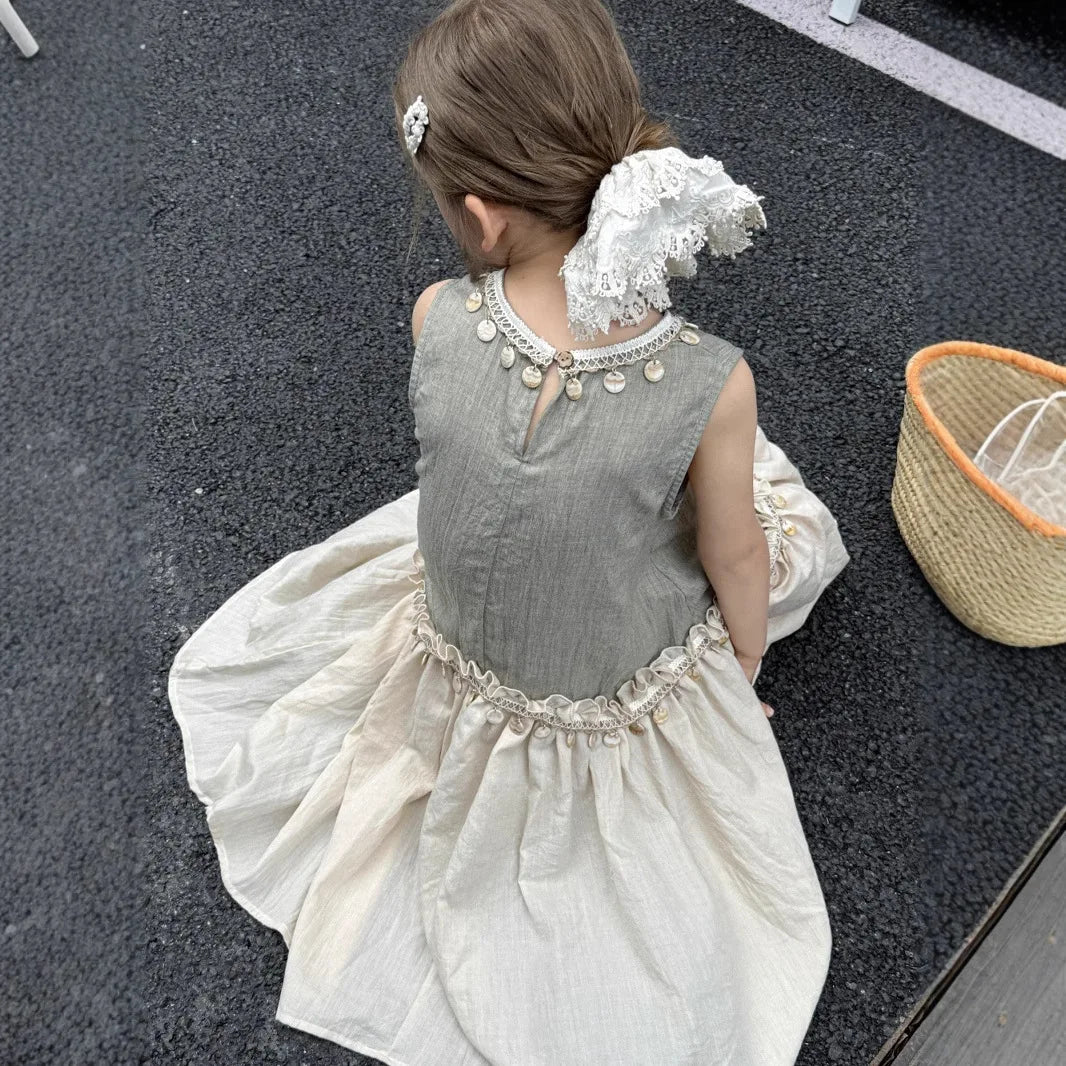 Dulce vestido para niñas verano 2025 nueva moda para niños temperamento Color contrastante vestido bohemio tendencia