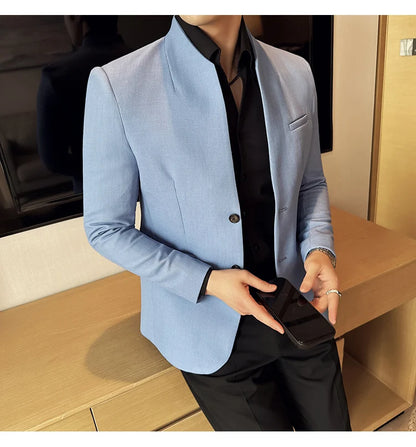 Chaqueta de traje con cuello levantado de alta calidad para hombre, chaquetas de negocios informales, abrigo coreano con gofres para boda, novio, banquete, vestido de fiesta, 2025