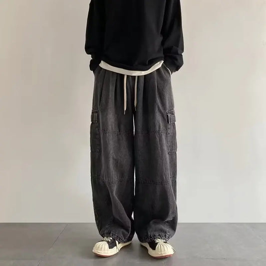 Nuevos pantalones Cargo holgados de tendencia Hip Hop para hombres y mujeres, ropa informal japonesa, pantalones para correr de talla grande, pantalones holgados de mezclilla lavada