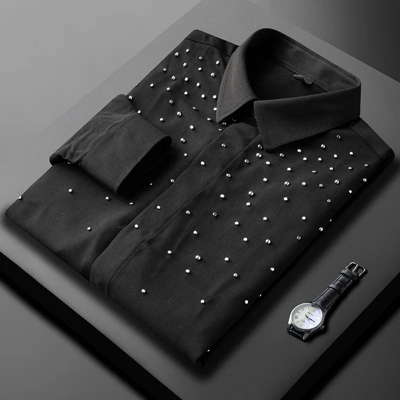 Camisa de Manga Larga Decorada con Pedrería para Hombre, Camisa de Vestir para Banquetes y Fiestas, Camisa Casual de Negocios, Camisa Masculina