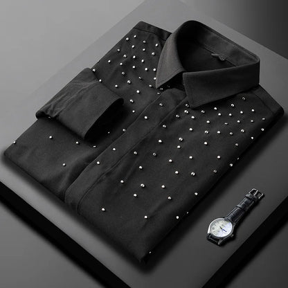 Camisa de Manga Larga Decorada con Pedrería para Hombre, Camisa de Vestir para Banquetes y Fiestas, Camisa Casual de Negocios, Camisa Masculina