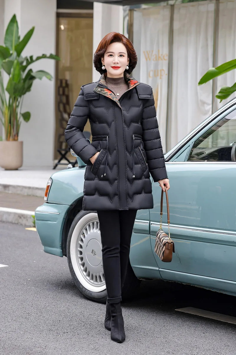 Chaqueta Larga de Algodón Grueso para Mujer, Acolchada, Ajustada, con Cintura Ajustable, Manga Larga, Cierre de Cremallera