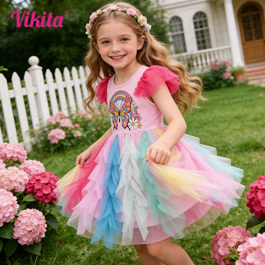 VIKITA niñas colorido Arco Iris mangas aleteadas vestido de verano niños mariposa flor estampado capas tul malla princesa tutú Vestidos
