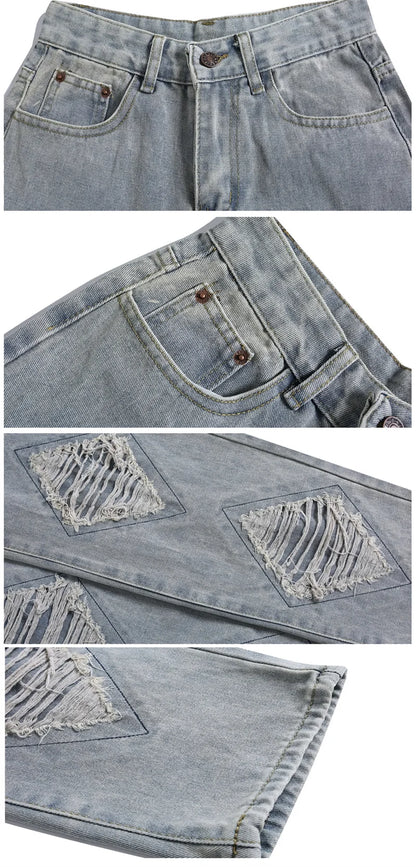Pantalones Vaqueros Anchos Rotos de Moda Urbana para Hombre, Estilo Americano Casual Retro, Pierna Recta, Denim, Hip Hop, Desgastados, Y2K