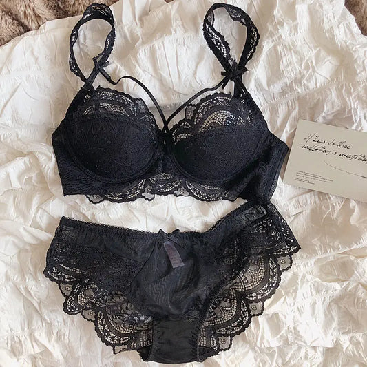 MOYISU-Conjunto de sujetador de copa de busto pequeño, Bralette de encaje francés Sexy con correas extraíbles y almohadillas de realce, Top fino con aros suaves para niñas