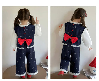 Conjunto de tres piezas con lazo grande de amor para niña, edición coreana de moda de primavera y otoño, ropa para niña