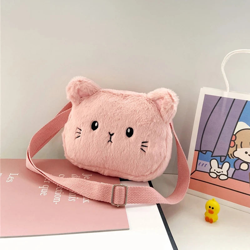 Bolso de hombro de felpa suave para niños, bolsos cruzados peludos, monedero, lindo, Gato de dibujos animados, moda de invierno