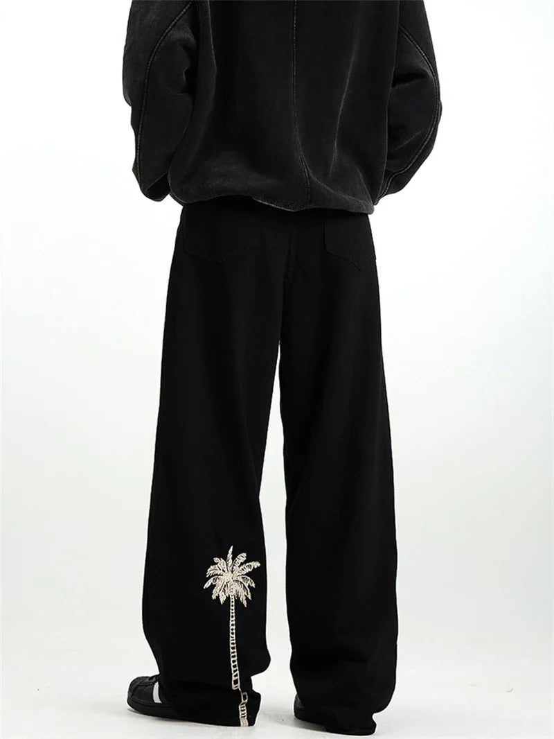 Pantalones Vaqueros de Hombre con Bordado de Palmeras, Estilo Casual, Negros, Rectos, Holgados, Moda Hip Hop, Streetwear Y2K