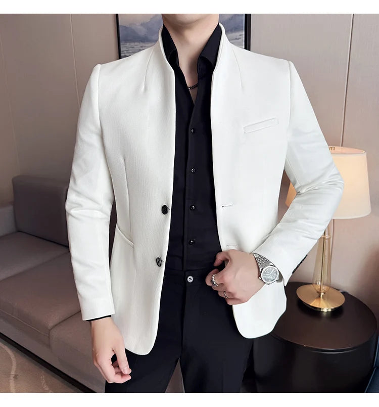 Chaqueta de traje con cuello levantado de alta calidad para hombre, chaquetas de negocios informales, abrigo coreano con gofres para boda, novio, banquete, vestido de fiesta, 2025