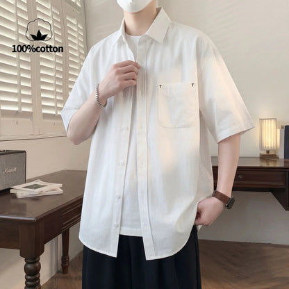 Camisa de Manga Corta para Hombre, 100% Algodón, Transpirable, Casual, de Color Sólido, con Botones, Cuello Clásico, para Uso Diario