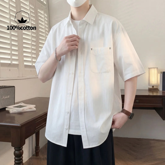 Camisa de Manga Corta para Hombre, 100% Algodón, Transpirable, Casual, de Color Sólido, con Botones, Cuello Clásico, para Uso Diario