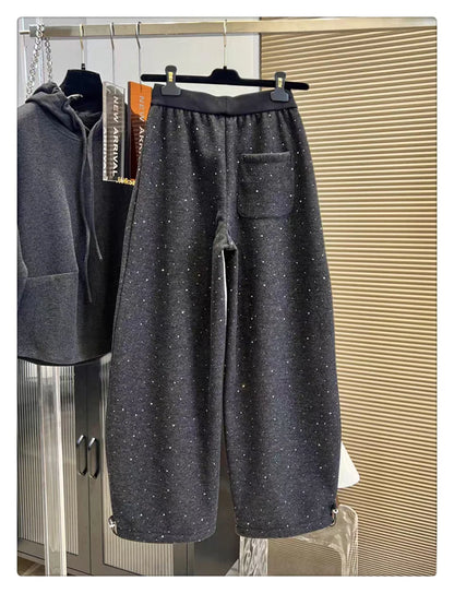 Pantalones de chándal de pierna ancha con forro polar, a la moda para principios de primavera, con empalme de diamantes, pant...