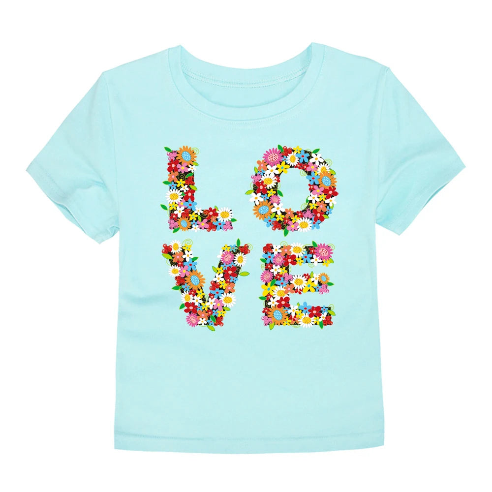 Camiseta de manga corta de algodón transpirable para niños, con estampado de letras de flores de verano, moderna y bonita