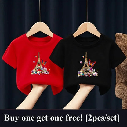 2 unids/pack niñas París Torre Eiffel mariposa estampado gráfico camiseta niños manga corta hermana traje a juego amigo fiesta Tops
