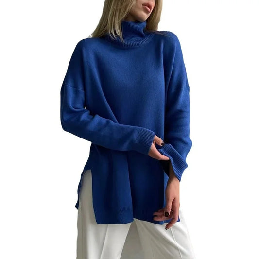 Suéter Elegante de Cuello Alto para Mujer, Corte Holgado, Tejido de Punto, Fibra de Poliéster, Manga Regular, Color Liso, Tem...
