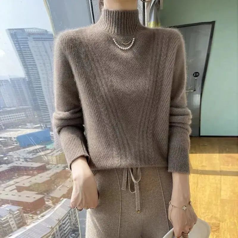 Suéter de punto grueso para mujer, cuello medio alto, ajuste holgado y delgado, camiseta base suave y cálida, estilo coreano,...