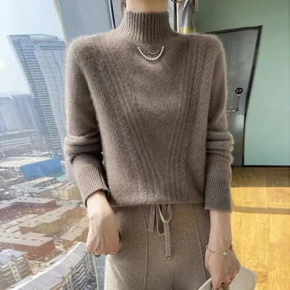 Suéter de punto grueso para mujer, cuello medio alto, ajuste holgado y delgado, camiseta base suave y cálida, estilo coreano,...
