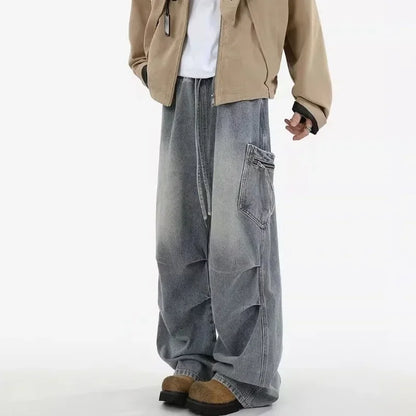 Pantalones vaqueros Cargo plisados de calle alta de otoño para Hombre, Pantalones vaqueros rectos de pierna ancha con bolsillo, moda Hip Hop Y2K, Vaqueros holgados