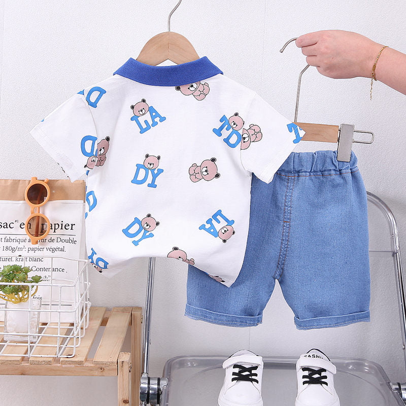 Ropa de dibujos animados para bebé, Camiseta con estampado de oso, pantalones cortos, 2 uds./Set