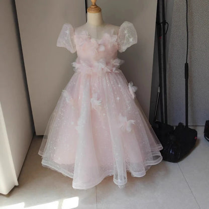 Vestido largo rosa para niñas, vestidos de presentador, ropa para fiesta de cumpleaños, vestido de princesa, disfraz de lujo, traje de actuación de Piano para niños