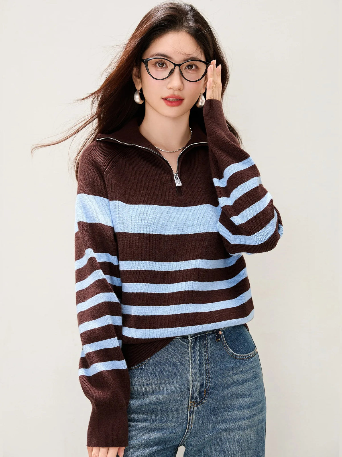 Suéter de punto suave y cómodo para mujer, con cuello de media cremallera, para otoño e invierno, de ajuste holgado, manga la...