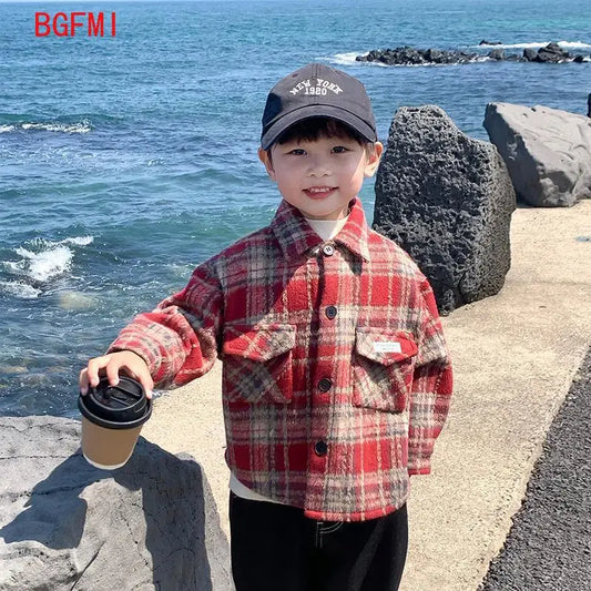 Camisa Infantil a Cuadros Rojos, Manga Larga, Primavera-Otoño 2026, para Bebés Niños y Niñas, Estilo Británico, Versión Coreana