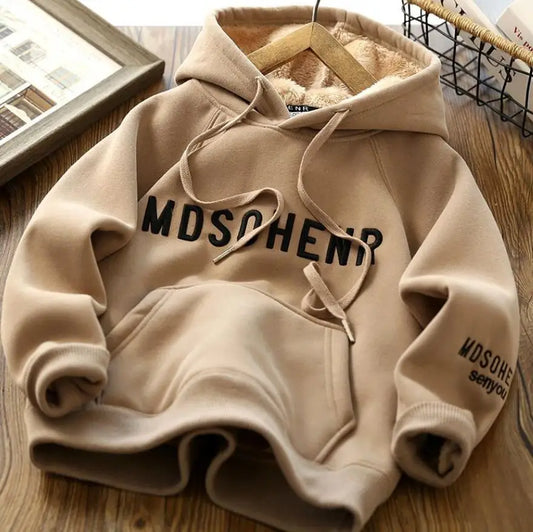 Sudadera con Capucha para Niños, Edición Coreana, Otoño/Invierno 2026, Casual, con Letras, Forro de Terciopelo, Cálida, para Niños de 4 a 12 Años