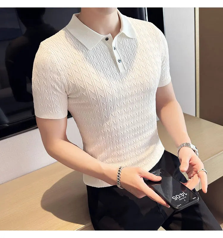 Polo de manga corta de punto Jacquard para hombre, camiseta de Golf con solapa de moda, ajustada, nueva