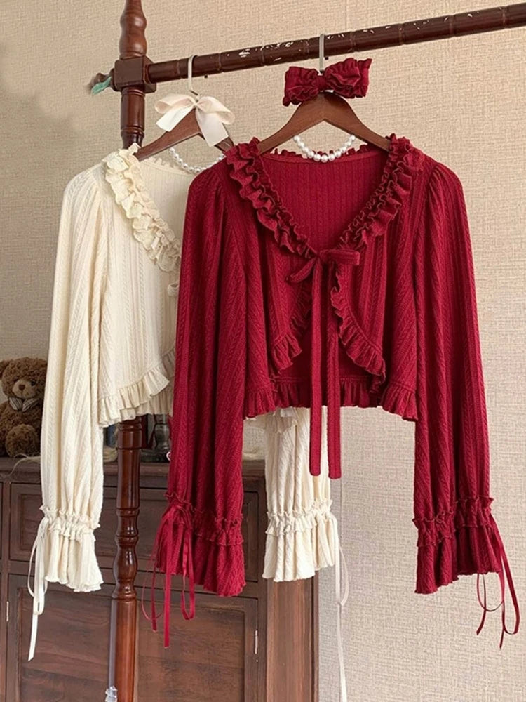 Cárdigan Kawaii Lolita para mujer, Tops cortos japoneses con volantes y cuello de pico, abrigo tejido de manga larga con lazo bonito informal para mujer, novedad de primavera