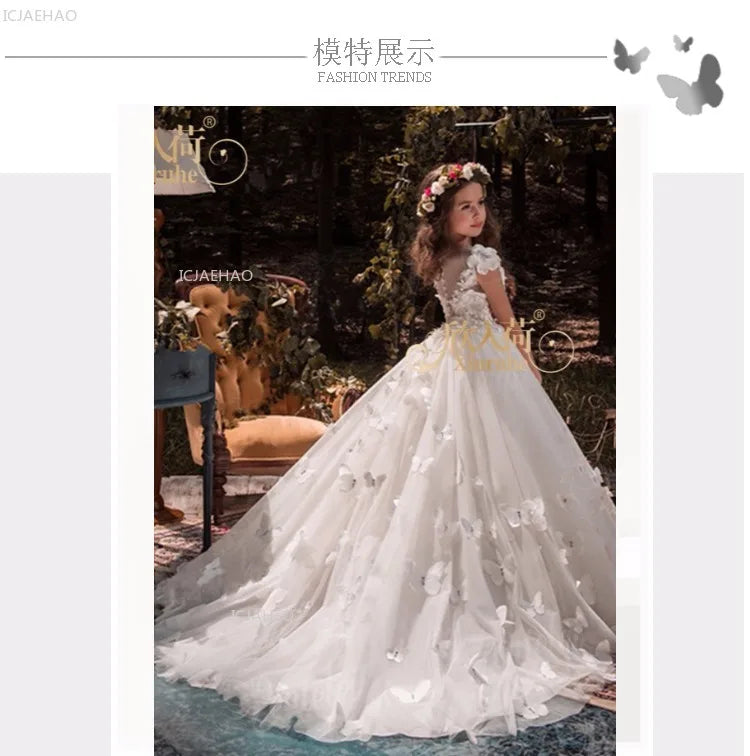 Vestido de fiesta de princesa largo blanco para niñas con tren para actuación de Piano vestido Formal de desfile de cumpleaños de boda para niñas de flores
