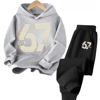 67 conjunto de sudaderas con capucha elegantes para niños de 4 a 13 años, ropa de calle coreana, chándal de bloque, sudadera cómoda a la moda para niños, conjuntos de 2 uds, traje de pantalón