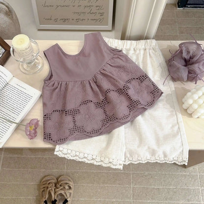 Conjuntos de ropa de verano para niñas, camiseta interior sin mangas para niños, camisa de muñeca + pantalones de pierna ancha antimosquitos con borde de encaje para bebé, conjuntos de 2 uds.