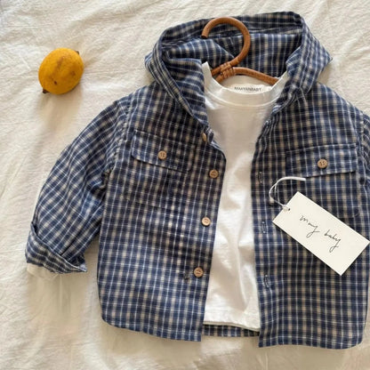 Camisas coreanas para niños, camisas con capucha para niñas y niños, Tops a cuadros de algodón para niños, abrigo informal de manga larga para primavera y otoño de 1 a 10 años