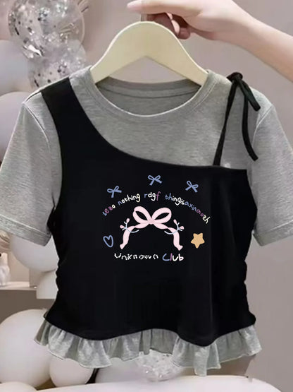 Camiseta de Manga Corta para Niñas, Algodón Puro, Dobladillo con Volantes, Estilo Corto, Verano, Casual, Ropa Infantil, Trans...