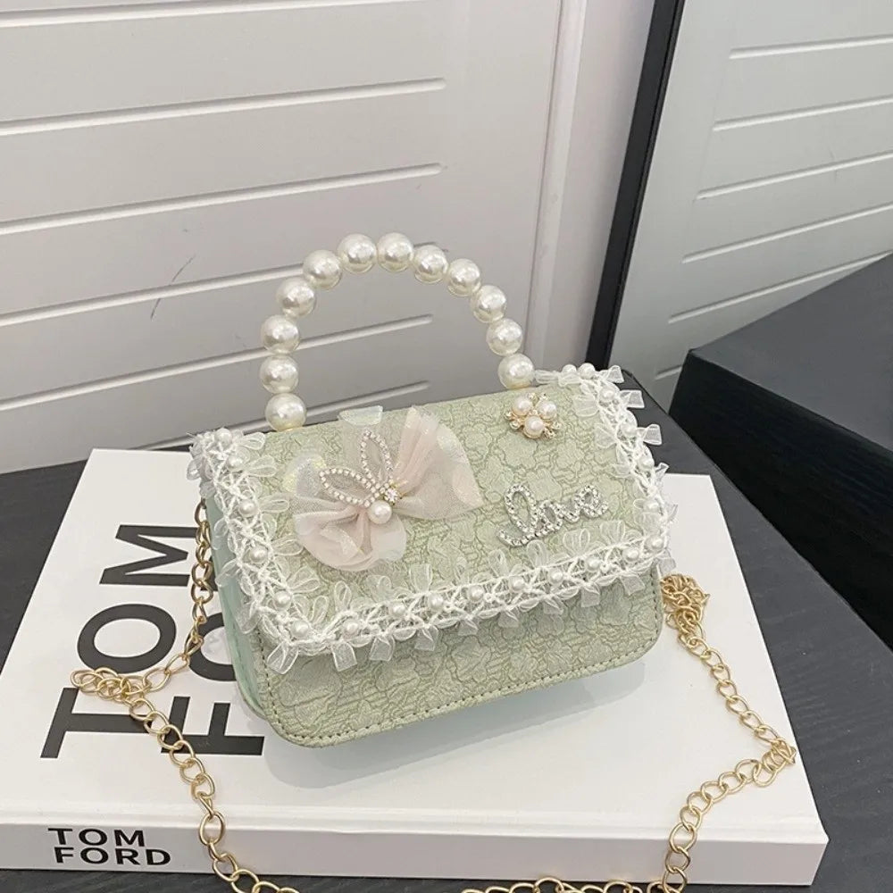Bolso Bandolera Infantil de Encaje con Perlas, Ligero, Estilo Princesa, con Correa Ajustable